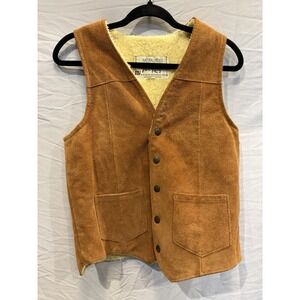 1970's Joo Kay Men's Leather Shearling Vest Brown Cream Size 18 Vintage